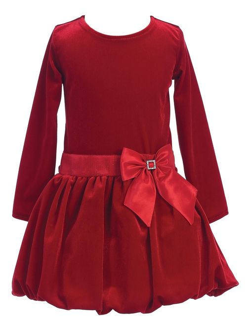 Girls Red Stretch Velvet Bow Accent Bubble Occasion Dress 7-10