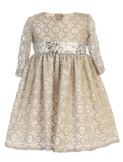 Little Girls Champagne Lace Sequined Waistband Christmas Dress 2T-6