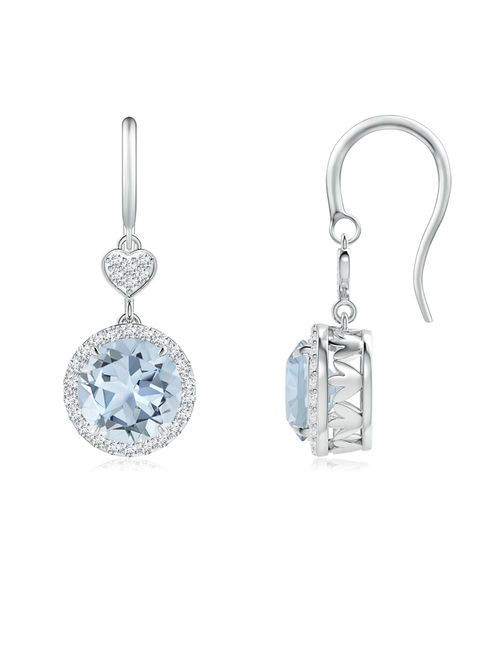 March Birthstone Earrings - Claw-Set Aquamarine Dangle Earrings with Diamond Heart Motif in 950 Platinum (7mm Aquamarine) - SE1043AQD_N-PT-A-7