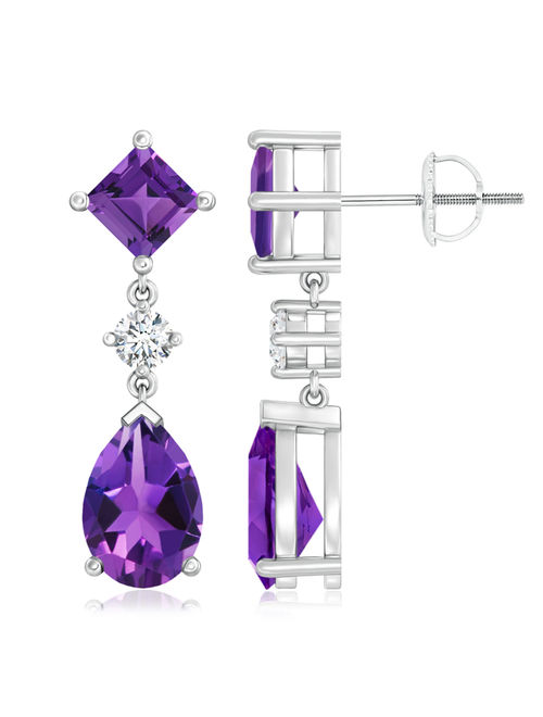 Square and Pear Amethyst Drop Earrings with Diamond in 14K White Gold (10x7mm Amethyst) - SE0262AMD-WG-AAAA-10x7