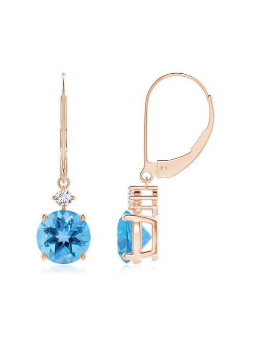 Solitaire Swiss Blue Topaz Dangle Earrings with Diamond in 14K Rose Gold (7mm Swiss Blue Topaz) - SE0929SBTD-RG-AA-7