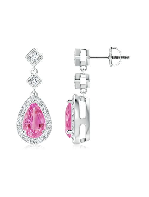 September Birthstone Earrings - Pear Pink Sapphire Drop Earrings with Diamond Halo in 14K White Gold (8x5mm Pink Sapphire) - SE1163PSD-WG-AA-8x5