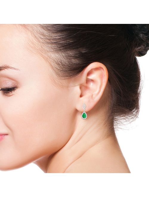 May Birthstone Earrings - Pear Emerald Halo Drop Earrings with Trio Swirls in Platinum (7x5mm Emerald) - SE1178ED-PT-AA-7x5