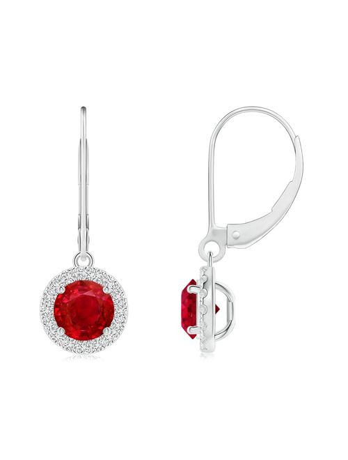 July Birthstone Earrings - Round Ruby Leverback Halo Dangle Earrings in 14K White Gold (5.5mm Ruby) - SE1003RD-WG-AAA-5.5