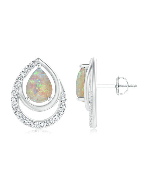 October Birthstone Earrings - Opal Teardrop Stud Earrings with Diamonds in 14K White Gold (8x6mm Opal) - SE1350OPD-WG-AAAA-8x6
