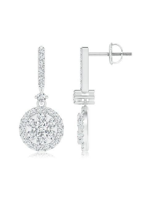 April Birthstone - Diamond Cluster Drop Earrings with Halo in 14K White Gold (2.3mm Diamond) - SE1432D-WG-GVS2-2.3