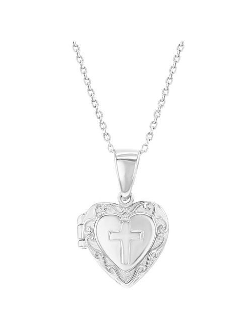925 Sterling Silver Small Girls Heart Locket Cross Baptism Necklace Pendant 16"