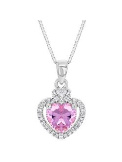 925 Sterling Silver Heart Pendant Necklace Pink Clear CZ Girls Kids Teens 16"