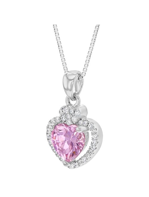 925 Sterling Silver Heart Pendant Necklace Pink Clear CZ Girls Kids Teens 16"