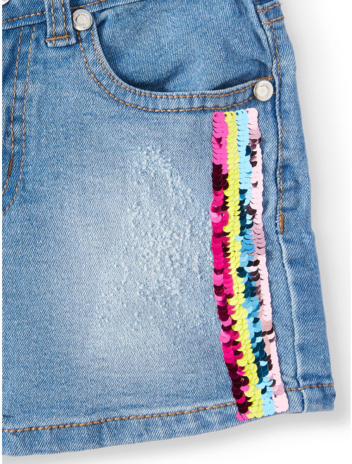 Pink Velvet Reversible Flip Rainbow Sequin Denim Short (Little Girls & Big Girls)