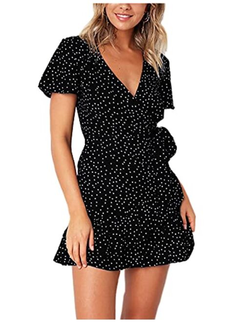 Relipop Summer Short Sleeve Print Dress V Neck Casual Short Dresses