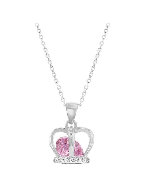 925 Sterling Silver Pink CZ Crown Pendant Necklace for Girls Kids Teens 16"