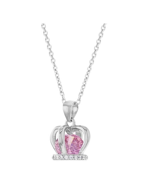 925 Sterling Silver Pink CZ Crown Pendant Necklace for Girls Kids Teens 16"