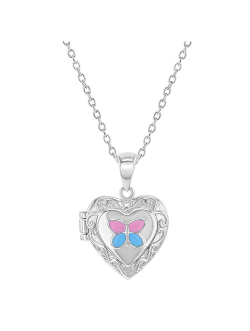 925 Sterling Silver Enamel Butterfly Heart Girls Locket Necklace Pendant 16"