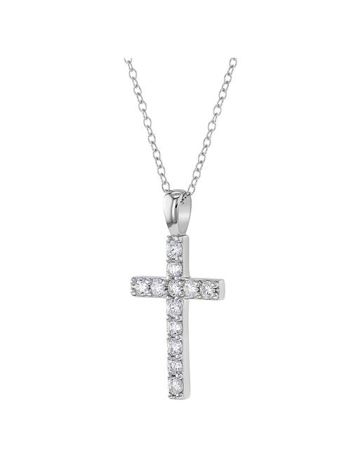 925 Sterling Silver CZ Stick Cross Religious Pendant Necklace Girls 16"