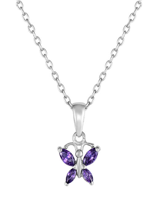 Sterling Silver Butterfly Pendant Necklace with Simulated Birthstone CZ for Girls, 16'' (February)