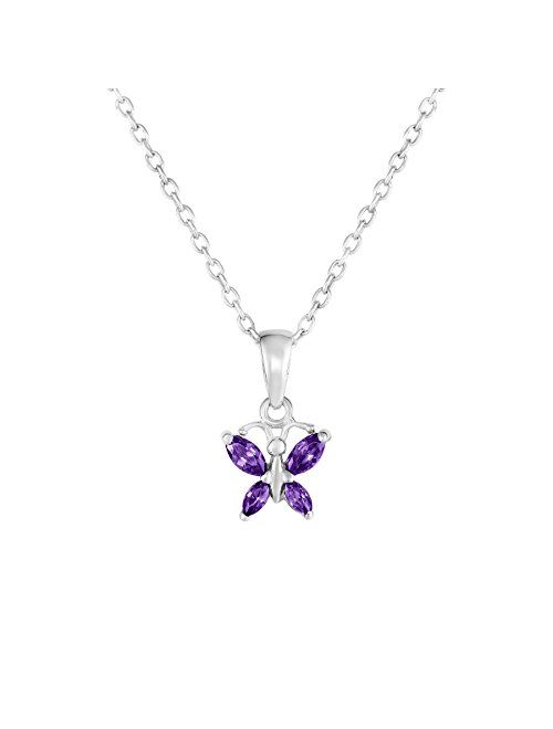 Sterling Silver Butterfly Pendant Necklace with Simulated Birthstone CZ for Girls, 16'' (February)