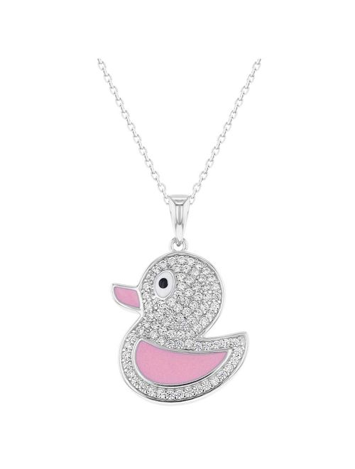 925 Sterling Silver Clear CZ Pink Enamel Duck Necklace Pendant for Girls 16"