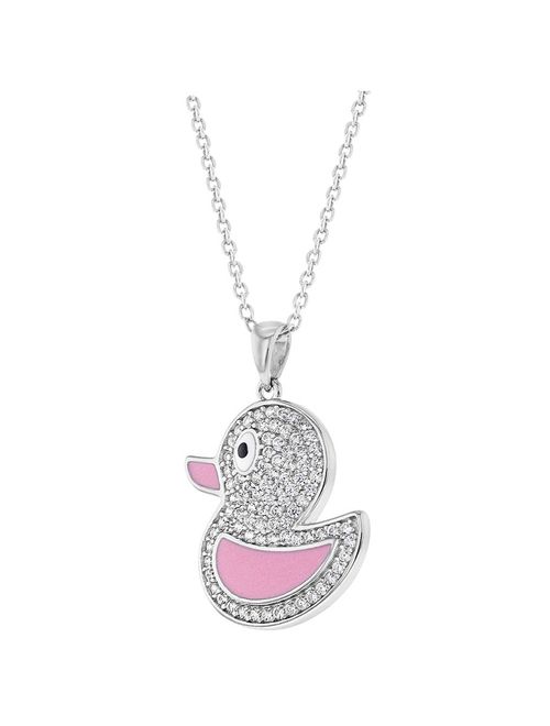 925 Sterling Silver Clear CZ Pink Enamel Duck Necklace Pendant for Girls 16"