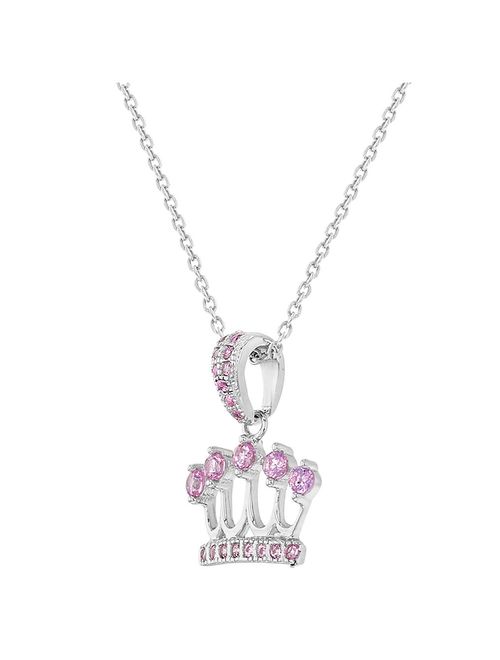 925 Sterling Silver Pink CZ Princess Crown Little Girls Pendant Necklace 16"