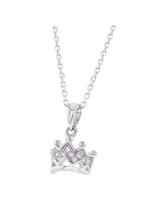 925 Sterling Silver Princess Crown Necklace Pendant Girls Kids Toddlers CZ 16"