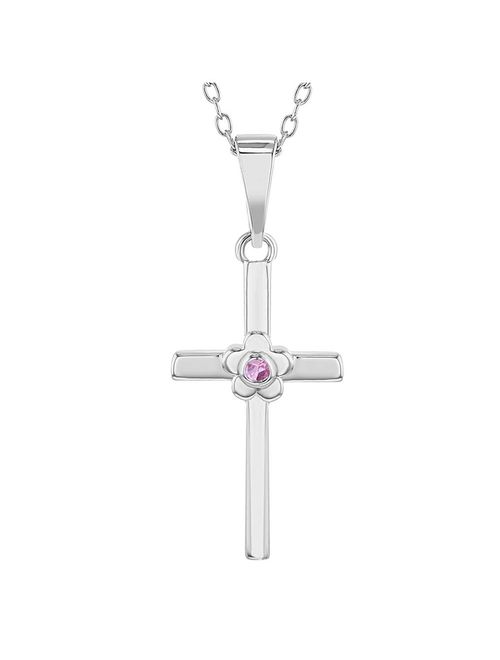 925 Sterling Silver CZ Flower Religious Cross Pendant Necklace Girls Kids 16"