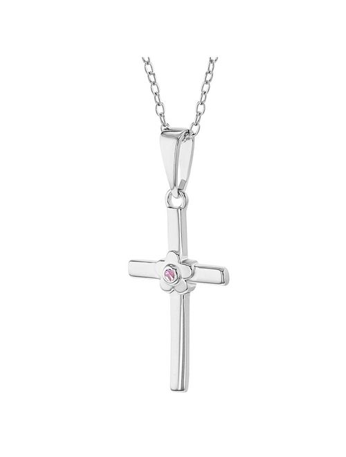 925 Sterling Silver CZ Flower Religious Cross Pendant Necklace Girls Kids 16"
