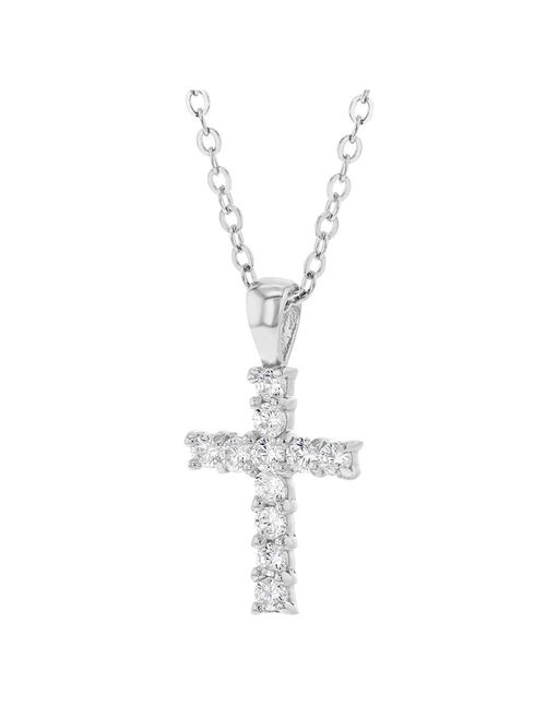 925 Sterling Silver Small CZ Cross Necklace for Kids Little Girls Young 19"