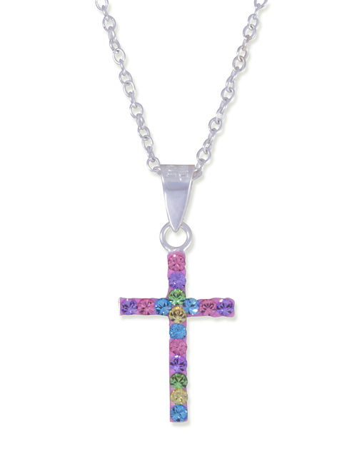 Girls' Multi-Crystal Accent Sterling Silver Cross Pendant, 18"