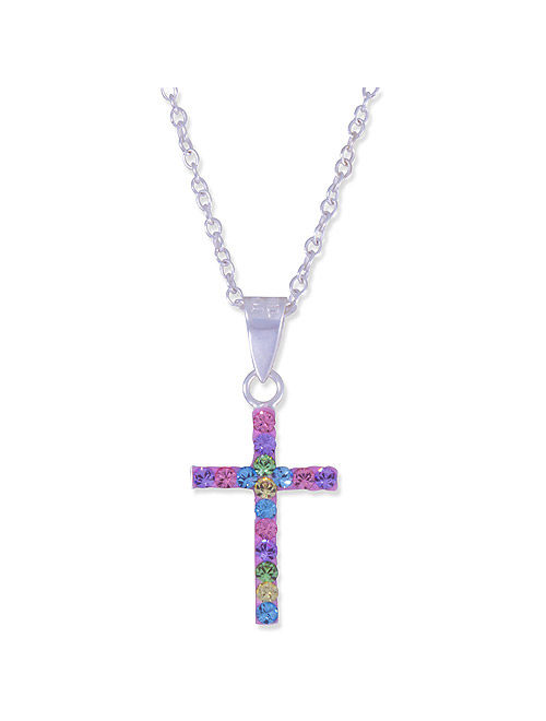 Girls' Multi-Crystal Accent Sterling Silver Cross Pendant, 18"
