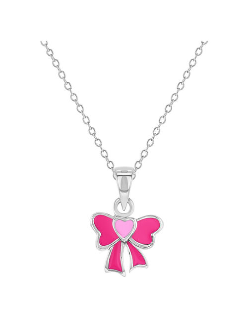 925 Sterling Silver Pink Enamel Bow Necklace Pendant for Toddlers or Girls 16"