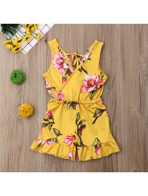 Summer Toddler Baby Kids Girls Sleeveless V-Neck Floral Romper Bodysuit Jumpsuit Outfits Clothes
