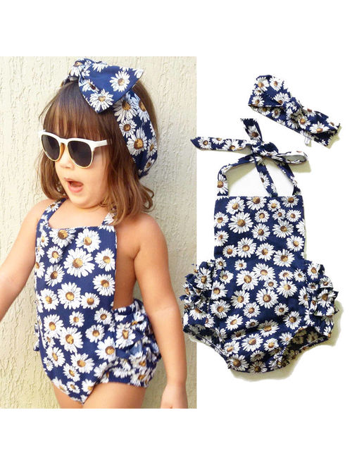 Fashion Newborn Baby Girls Flower Romper Jumpsuit Headband Outfits Clothes US