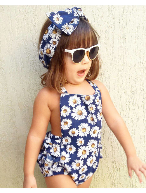 Fashion Newborn Baby Girls Flower Romper Jumpsuit Headband Outfits Clothes US