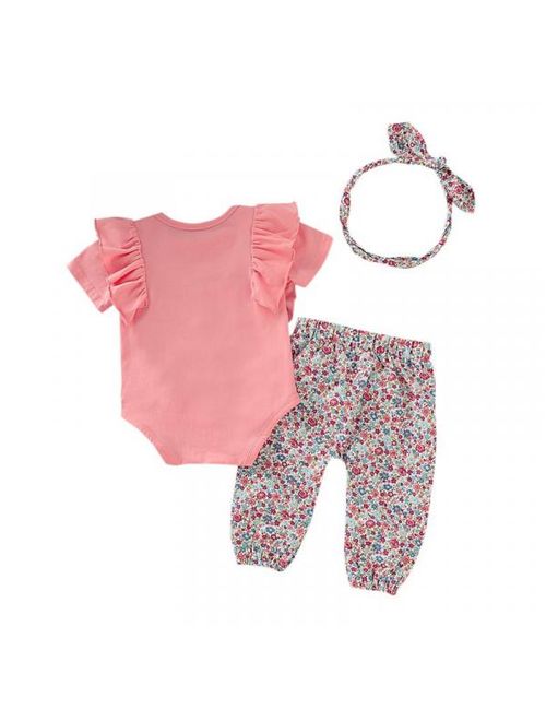 Bavy Summer Baby Girls Short Sleeve Romper +Floral Trousers Suits with Headband Sets