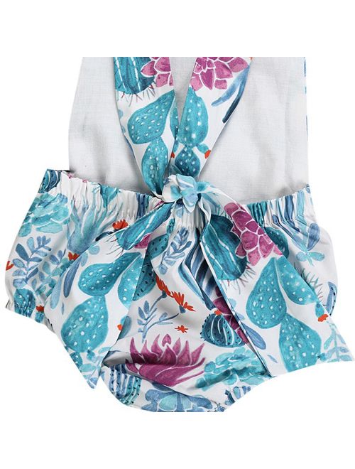 Fysho Summer Newborn Girls Rompers Set Sleeveless Star Floral Print Bodysuit Jumpsuit With Headband