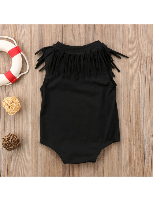 Newborn Baby Girl Sleeveless Tassel Romper Bodysuit Jumpsuit Playsuit Outfits Clothes Black