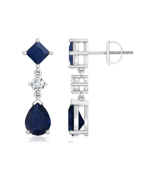September Birthstone Earrings - Square and Pear Blue Sapphire Drop Earrings with Diamond in 14K White Gold (8x6mm Blue Sapphire) - SE0262S-WG-A-8x6
