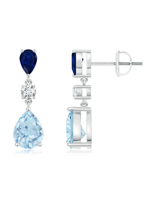 March Birthstone Earrings - Diamond, Pear Blue Sapphire & Aquamarine Drop Earrings in 950 Platinum (8x6mm Aquamarine) - SE0967AQSD-PT-AA-8x6