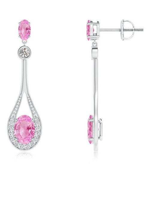 September Birthstone Earrings - Oval Pink Sapphire Long Drop Earrings with Diamond in 14K White Gold (7x5mm Pink Sapphire) - SE1160PSD-WG-A-7x5