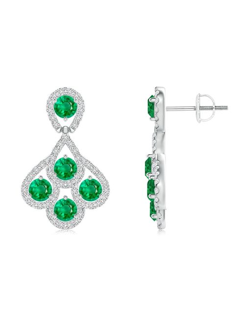 May Birthstone Earrings - Emerald Dangle Earrings with Diamond Outline in 14K White Gold (3mm Emerald) - SE1005ED-WG-AAA-3