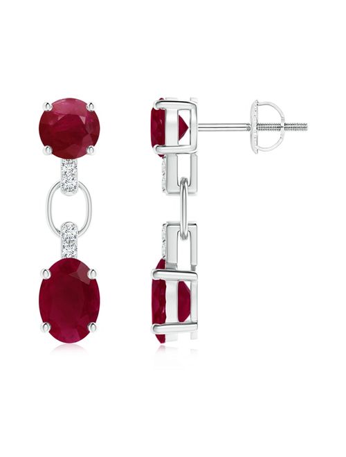 July Birthstone Earrings - Round and Oval Ruby Dangle Earrings with Diamond Accents in 14K White Gold (7x5mm Ruby) - SE0112R-WG-A-7x5
