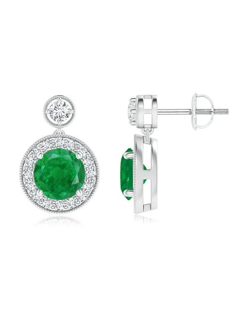 May Birthstone Earrings - Dangling Emerald and Diamond Halo Earrings with Milgrain in 14K White Gold (6mm Emerald) - SE1066ED-WG-AA-6