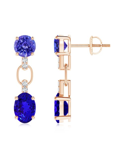 Round and Oval Tanzanite Dangle Earrings with Diamonds in 14K Rose Gold (7x5mm Tanzanite) - SE0112T-RG-AAAA-7x5