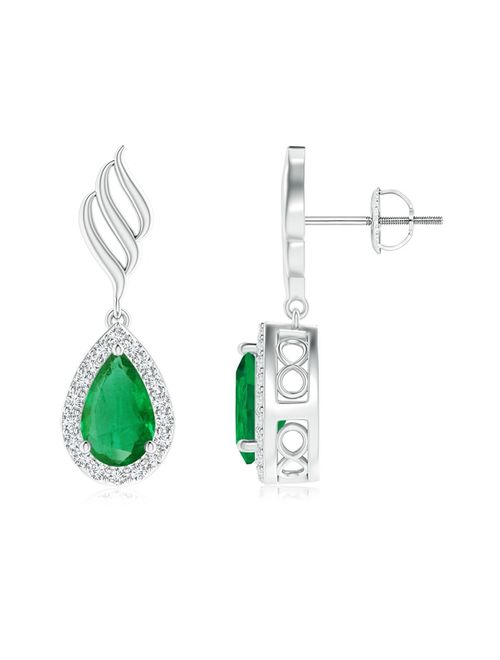 May Birthstone Earrings - Pear Emerald Halo Drop Earrings with Trio Swirls in 14K White Gold (8x5mm Emerald) - SE1178ED-WG-AA-8x5