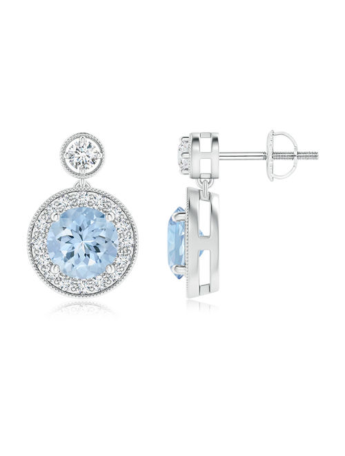 March Birthstone Earrings - Dangling Aquamarine and Diamond Halo Earrings with Milgrain in 14K White Gold (6mm Aquamarine) - SE1066AQD-WG-AA-6