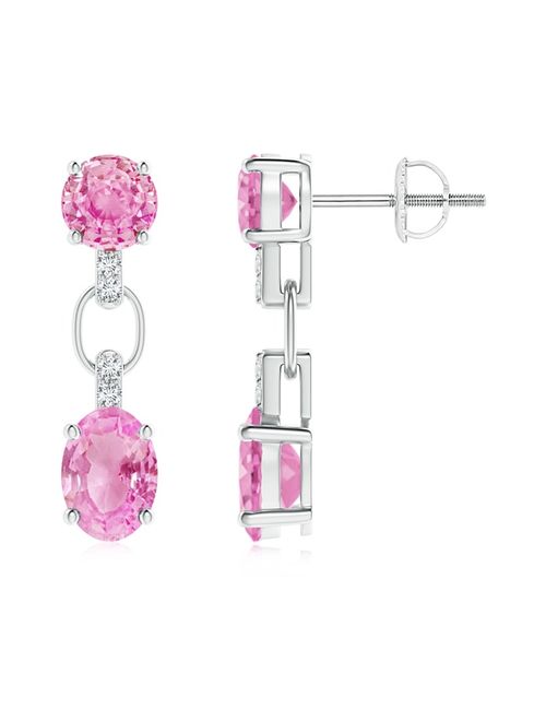September Birthstone Earrings - Round and Oval Pink Sapphire Dangle Earrings with Diamonds in 14K White Gold (7x5mm Pink Sapphire) - SE0112PSD-WG-A-7x5