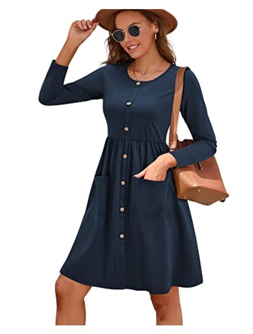 KILIG Women's Long Sleeve Dress Spaghetti Strap Button Down Dress with Pockets