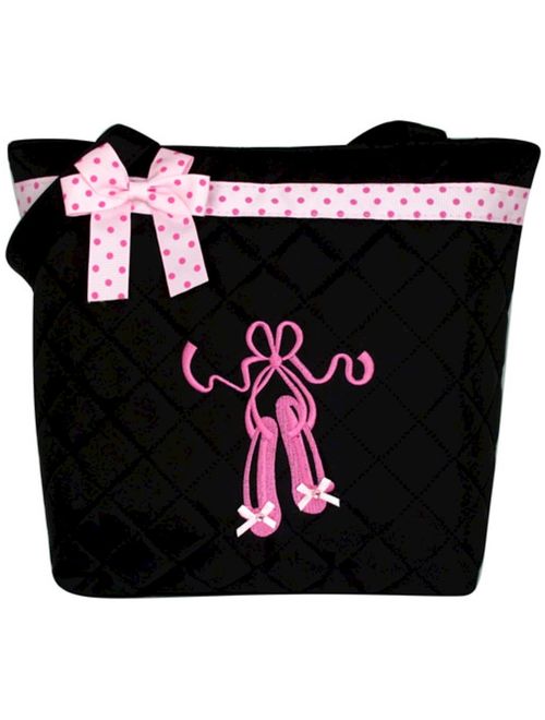 Girl's Black Quilted Dance Ballet Slippers Tote Bag w/ Pink Polka Dot Bow BG806