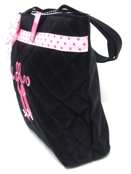 Girl's Black Quilted Dance Ballet Slippers Tote Bag w/ Pink Polka Dot Bow BG806